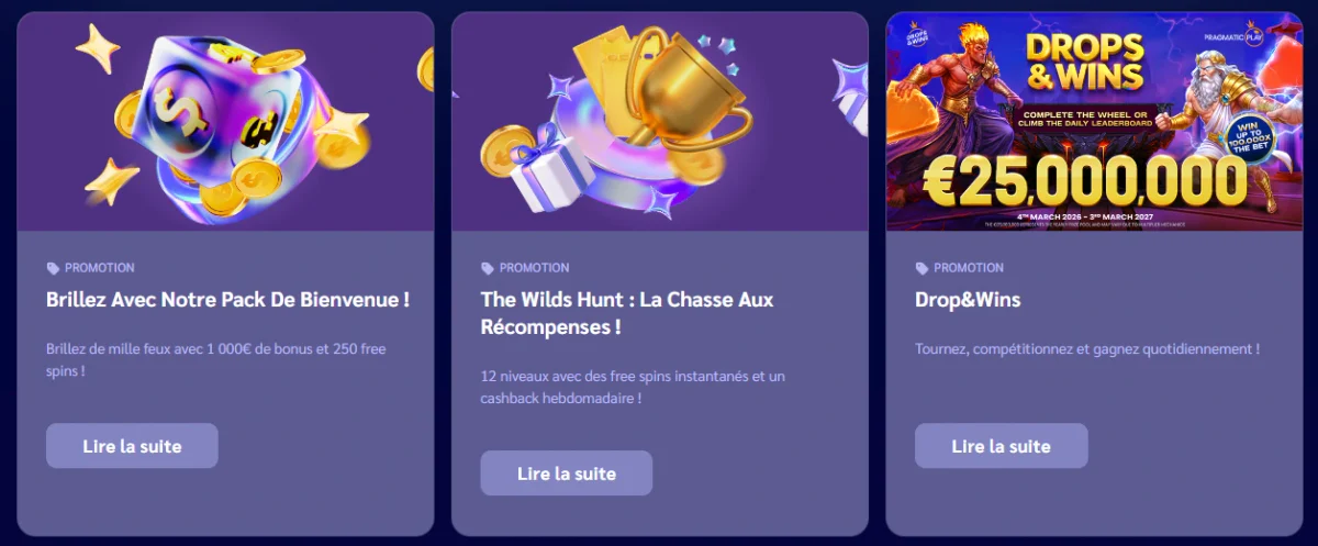 Promotions du casino ShinyWilds avec pack de bienvenue chasse aux récompenses et concours Drops & Wins